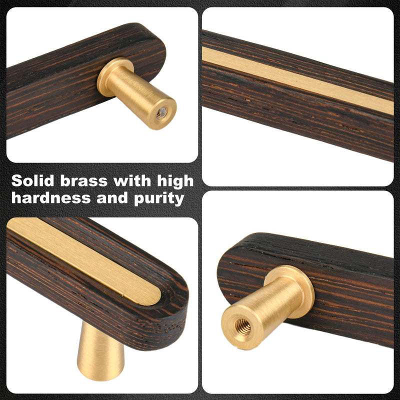 SALISENG-Solid Brass and Wooden Kitchen Cabinet Pulls, 5 Pack 3-3/4 Inch Brass Dresser Drawer Handles, Modern Furniture Hardware Pulls for Bathroom Bedroom Living Cabinets 3-3/4 Inch Hole Centers
