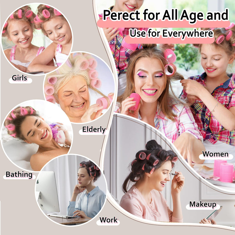  [AUSTRALIA] - 4 Sizes Self-Grip Hair Rollers Set with Clips - 4 Sizes for Long, Short Hair & Bangs (25mm, 36mm, 48mm, 60mm), (Pink, 4 Sizes) Pink