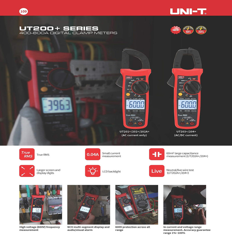 UNI-T UT203+ Digital Multimeter Ammeter Anti-Burning Anti-Misdetection Clamp Meter 600A AC Multifunction Electrician Current Measurement with True Effective Value