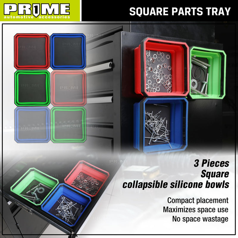 PR1ME Upgrade Collapsible Magnetic Parts Tray Set, 3 Pack, Foldable Magnetic Tool, 4.25 inch Square Silicone Bowls with Magnetic Base Stores and Organizes Small Parts and Tools Upgrade Trays