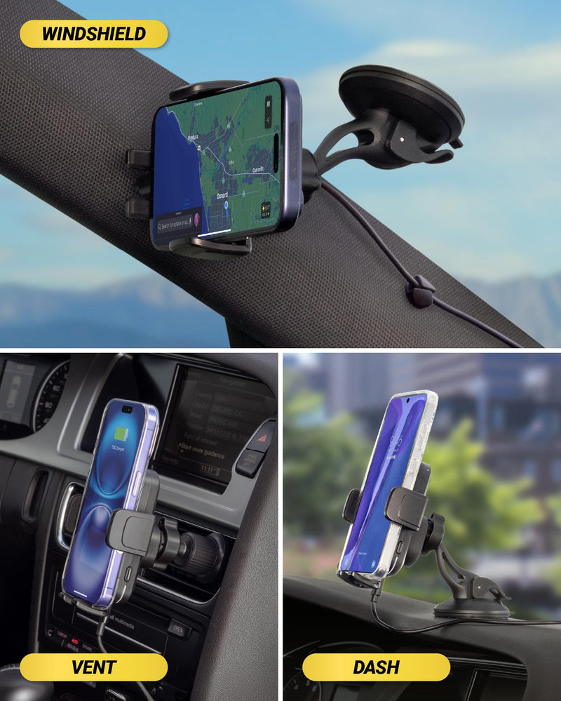 Scosche Wireless Car Charger Mount, Auto-Clamping Car Phone Holder Charger for Dashboard/Windshield/Vent with Adjustable Arm, 360° Rotation, Compatible with iPhone, Samsung, and More Android Phones Window / Dash / Vent
