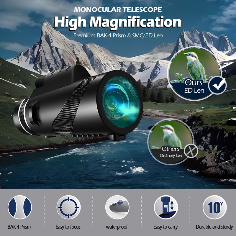 80x100 HD Monocular Telescope, portable telescope with Smartphone Adapter, Tripod, monocular for Bird Watching, Hunting, Hiking, Camping