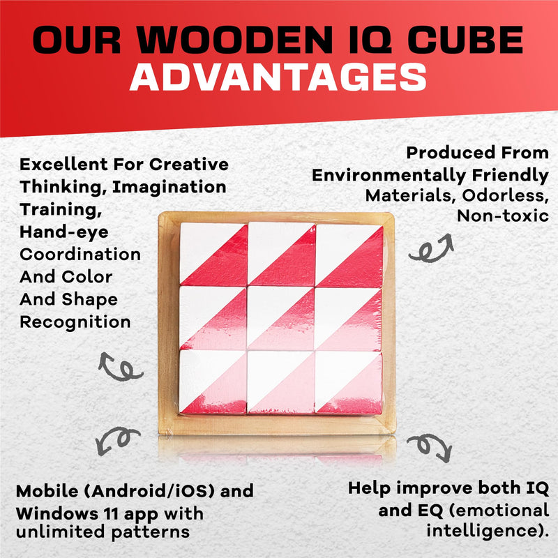 PrfcNL IQ Test Blocks - 9 Wooden Cubes in White and red with 60 Patterns and Mobile app, Ideal for WISC, WAIS, WPPSI prep,Educational STEM Montessori Gift for All Ages Challenge