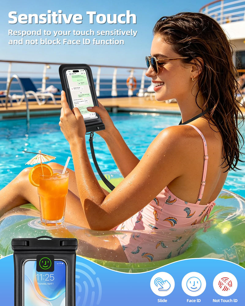 PEDVSTY Floating Waterproof Phone Pouch 2 Pack - Up to 7.0", Black | Touchscreen, IP68 Waterproof Phone Case w/Lanyard, Dry Bags for iPhone Sumsang Google, Beach Kayak Cruise Travel Essentials Regular (Up to 7.0")