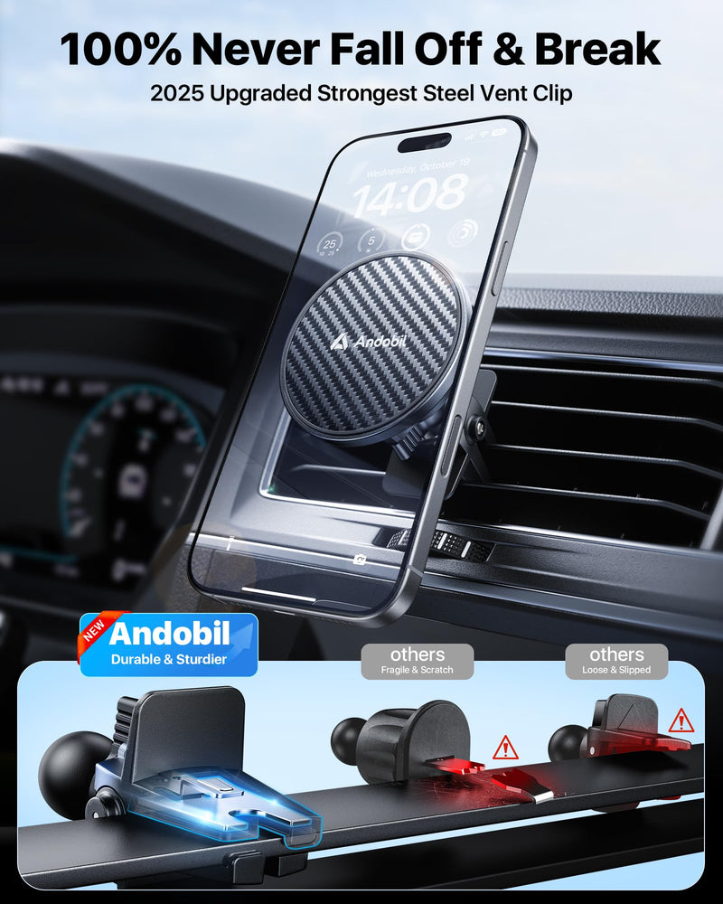 【Military-Grade】andobil 3 in1 Magnetic Phone Holder for Car Dashboard Windshield Vent 【Upgrade Suction & Strongest Magnet】Retractable for MagSafe Car Mount Mats for iPhone 17 16 15 14 Pro Max Sumsung dashboard-black
