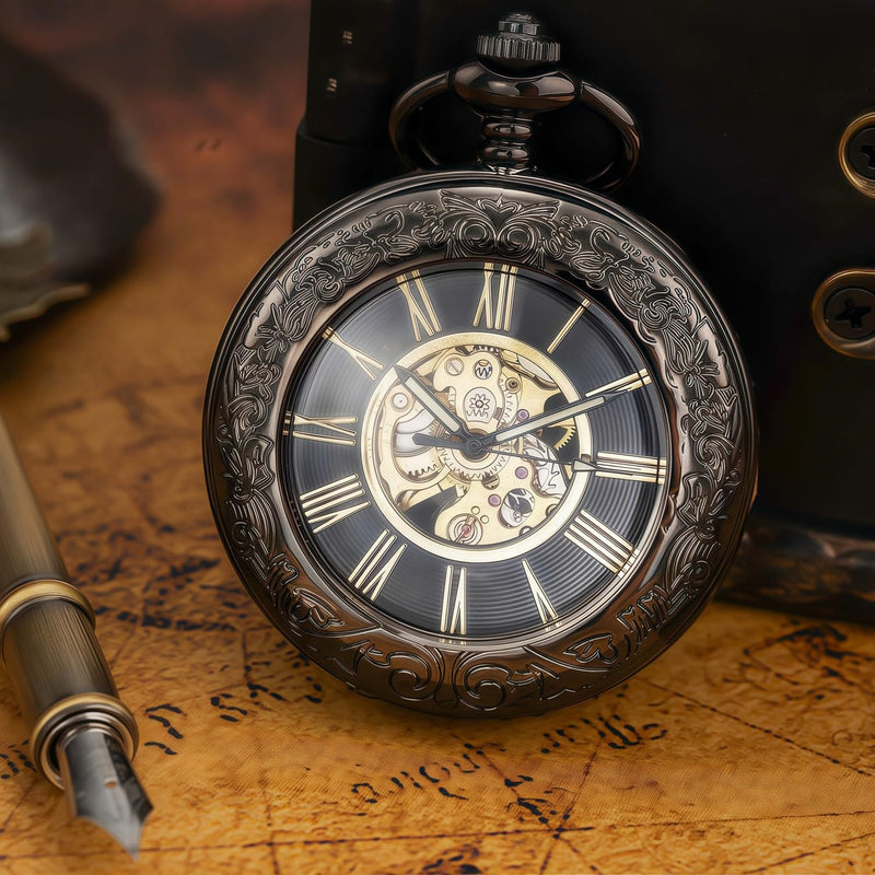 Mechanical Pocket Watch, for Men Women Special Magnifier Half Hunter Engraved Case Roman Numerals with Chain Ac. Black Black