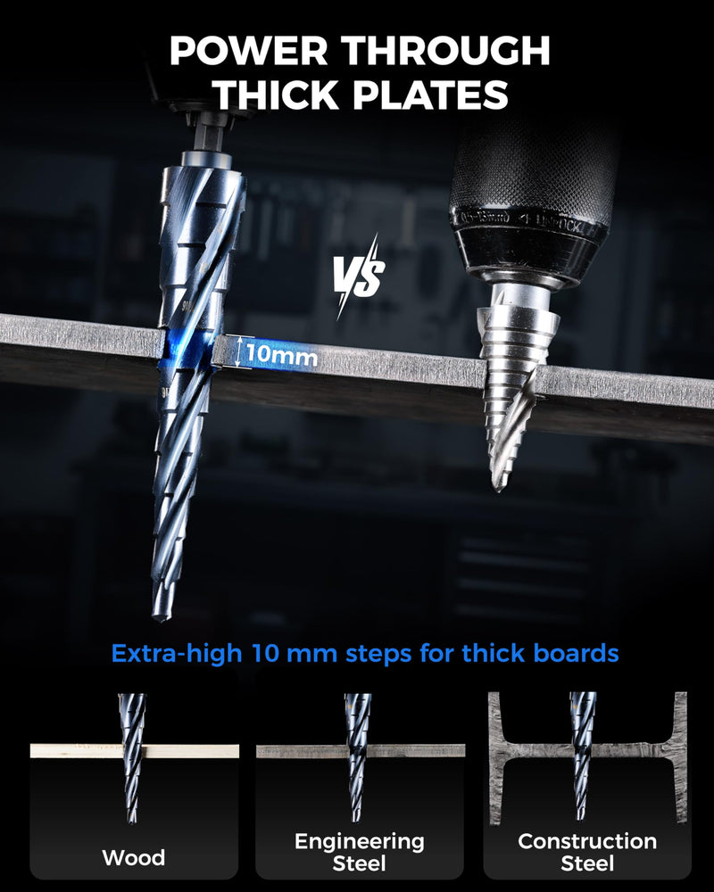 toolant Deep-Hole Four-Spiral Flute Cobalt Step Drill Bit, Extra-High 10mm Steps to Power Through Thick Plates, 1/4"-7/8" Unibit with 1/4" Hex Shank for Metal, Stainless Steel, Wood 1/4"-7/8" Extended 10mm Step