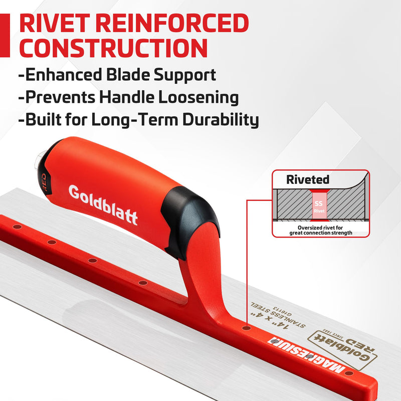 Goldblatt RED 14'' x 4'' Drywall Trowel with Lightweight Magnesium Shank, Stainless Steel Soft Grip Handle Finishing Masonry Trowel for Plastering, Wallboard, Concrete 14"x 4"