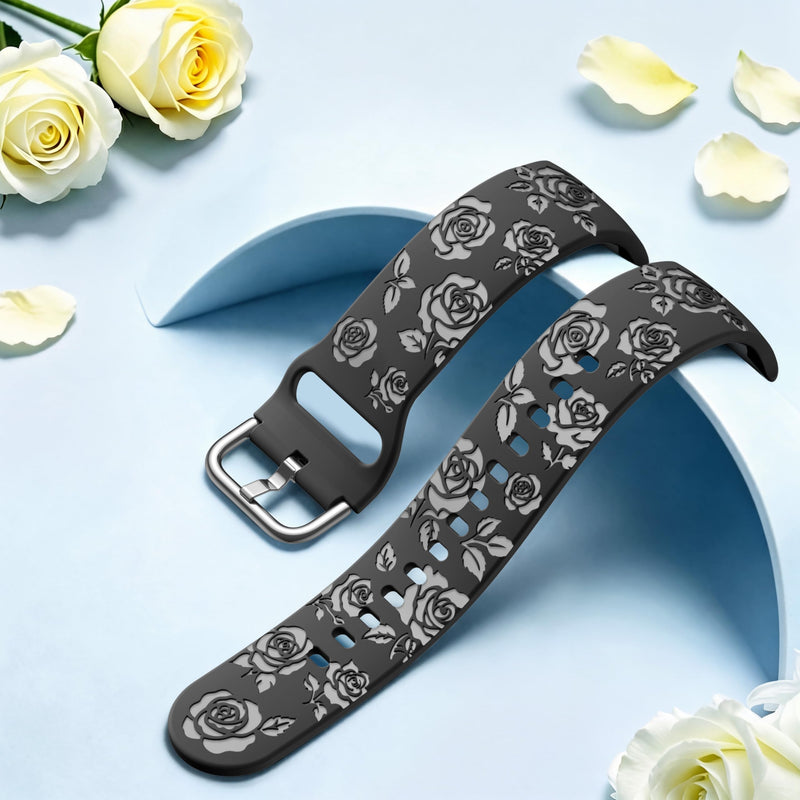 Floral Bands for Samsung Galaxy Watch 9 8 40mm 44mm Watch 8 Classic 46mm | Glossy Floral Engraved, Soft Waterproof Silicone, Sport Strap for Galaxy Watch 9 Band Women Men, Ideal for Workout Office Black