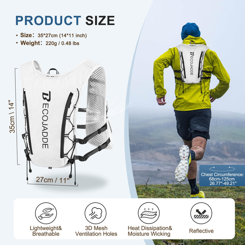 Running Vest Hydration Backpack for Men Women, 5L Lightweight Running Backpack Hydration Pack for Marathon, Trail, Cycling, Hiking, Jogging White Only Running Vest