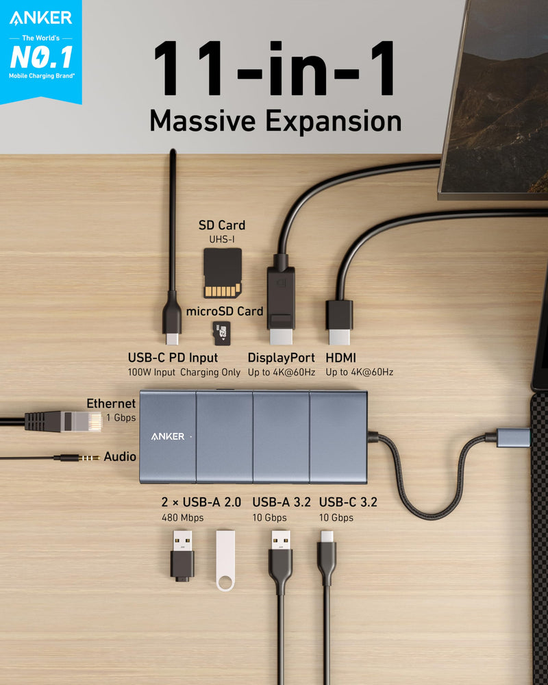 Anker USB-C Hub, 11-in-1 Docking Station Dual Monitor with 4K HDMI and DP | 1 USB-C and 1 USB-A 10Gbps Data Ports, 2 USB 2.0 Data Ports, 4K HDMI and DisplayPort, 85W Max PD, Ethernet, for XPS and More