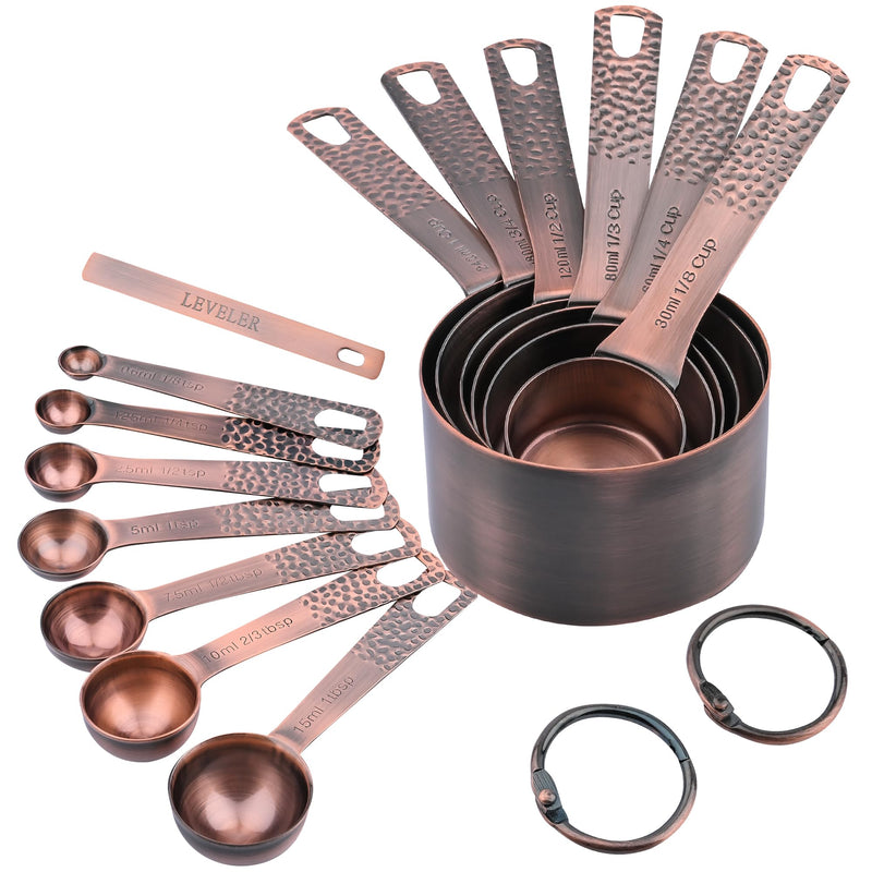 Copper & Stainless Steel Measuring Set - 6 Cups & 7 Spoons with Leveler Copper Set of 14