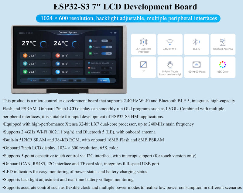 ESP32-S3 7inch Display Development Board, ESP32 with Display 1024×600, 32-bit LX7 Dual-Core Processor, Supports WiFi & BT, with Onboard Antenna, Backlight Adjustable, Multiple Peripheral Interfaces