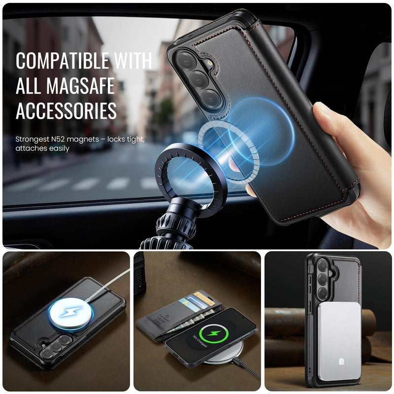for Galaxy S24 Slim Wallet Case Compatible with Magsafe, Black | RFID Blocking Card Holder, Wireless Charging, Magnetic Closure, Shockproof, PU Leather, Phone Cover for Samsung Galaxy S24 Samsung Galaxy S24 - 6.2"
