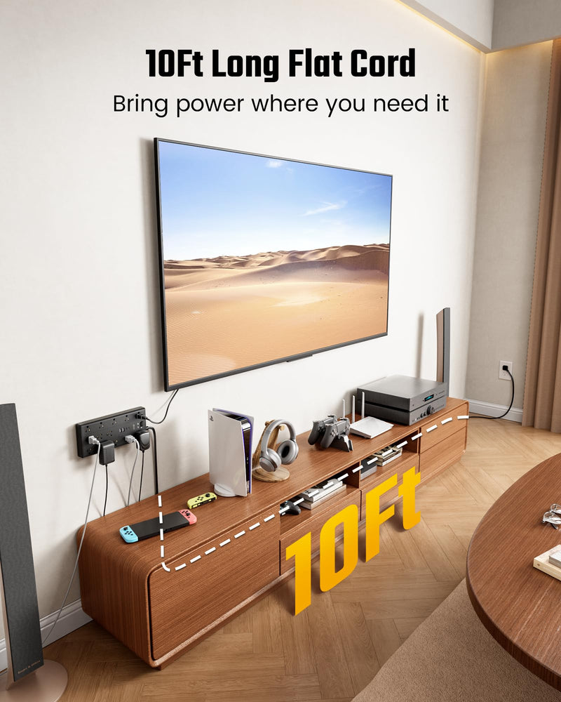 SUPERDANNY 10Ft Extension Cord with Multiple Outlets, Flat Plug Power Strip | 2100J, 13AC 2 USB C 2 USB A Charging Ports, Surge Protector, Desk Charging Station, Home Office, College Dorm Room Essentials Black 10 FT