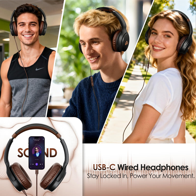 USB C Headphones for School Wired Headphones with Microphone-Brown Headset | Lightweight/Foldable/Adjustable/Comfortable Over Ear Headphones for iPad/Travel/iPhone 17, Back-to-School Season, Teen Gifts Brown