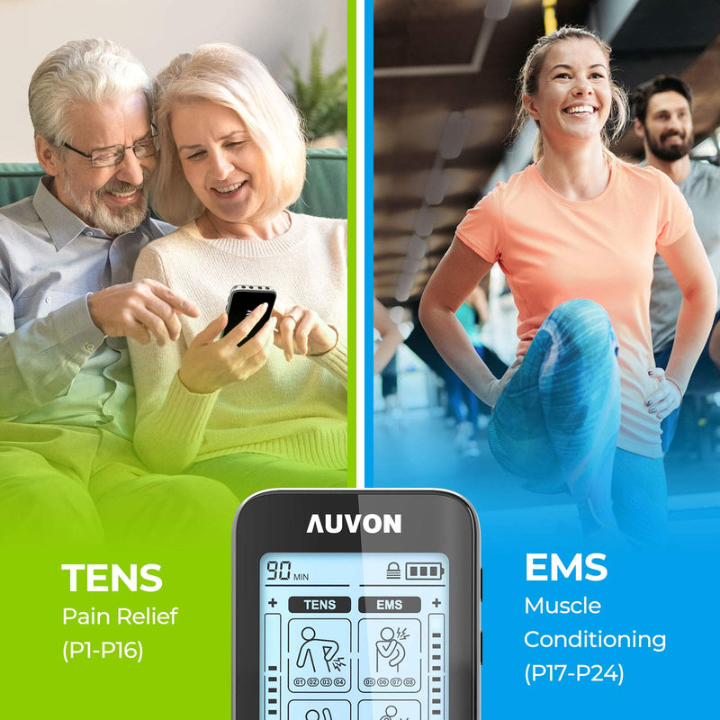 AUVON 4 Outputs TENS Unit EMS Muscle Stimulator Machine for Pain Relief Therapy with 24 Modes Electric Pulse Massager, 2" and 2"x4" Electrodes Pads, Black A Black