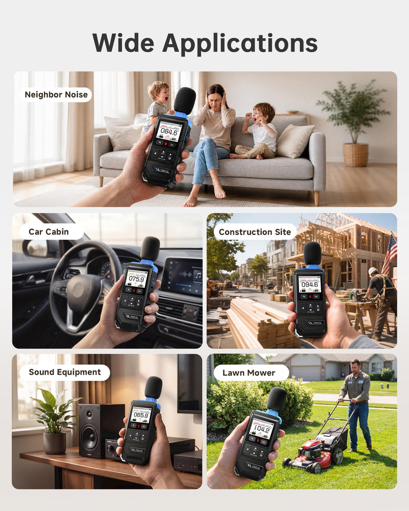 FNIRSI FDM-02 Decibel Meter, 30–130dB Sound Level Meter with 2" IPS Screen, A/C Weighting & Fast/Slow Response, Rechargeable for Home, Audio & Workplace Noise
