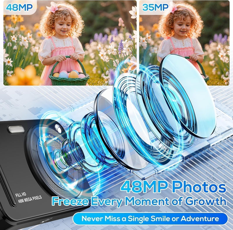 Digital Camera for Kids, 48MP FHD 1080P Point and Shoot Digital Cameras with 16X Zoom Anti-Shake, Compact Portable Cameras for Photography, for Boys Girls Teens Beginners glossy black