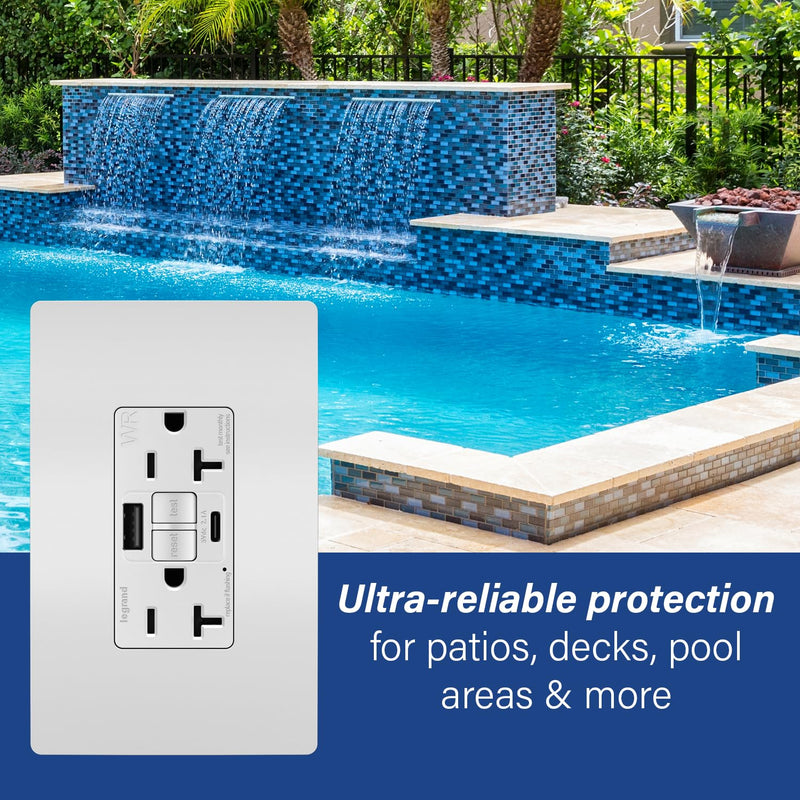 Legrand Pass & Seymour Radiant 20 Amp GFCI Weather-Resistant Wall Power Outlet with 2.0 Amp USB A/C Charger, White