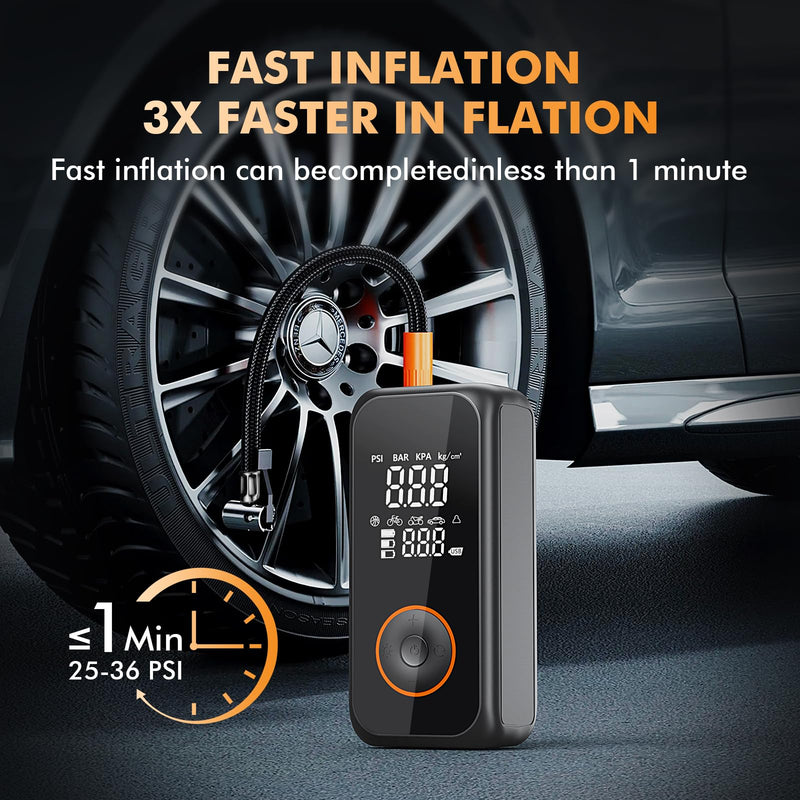 Portable Air Compressor, 150PSI Cordless Car Tire Inflator, 3X Faster Air Pump with Digital Gauge, Auto-off, LED Light, Tire Pump for Car, Bike, Motorcycle, Ball