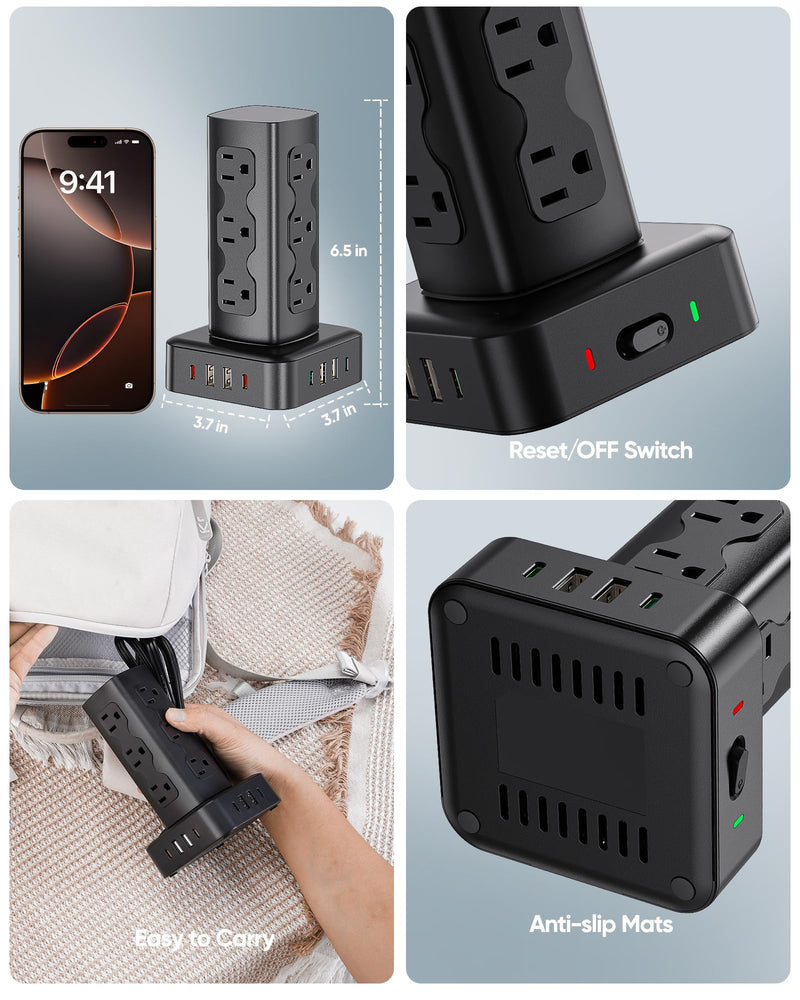 Power Strip Tower, 100W USB Charging Station Tower 12 AC Outlets | 8 USB Ports (4 USB C), 6 Ft Flat Plug Extension Cord with Multiple Outlets, Home Office Dorm Room Essentials, Black