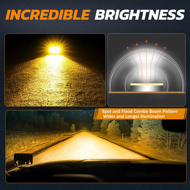 Amber LED Pods, Rfroad Lighting 3 Inch 40W LED Chase Light Ditch Lights Spot Flood Combo Small LED Pods Light Fog Lights LED Cubes 2 Packs for Motorcycle Truck UTV SUV ATV Dirt Bike Boat Offroad Amber Combo