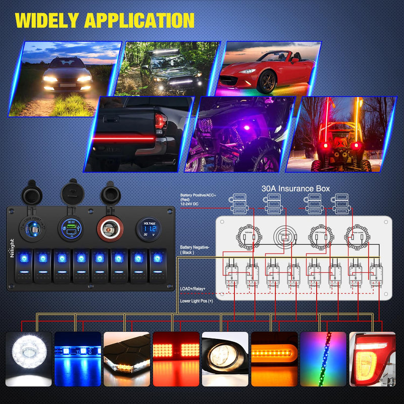 Nilight 8 Gang Rocker Switch Panel Waterproof Aluminum Marine with PD Type C & USB Charger Cigarette Lighter Socket Voltmeter Inline Fuse 12V 24V ON Off Pre-Wired Switches for Car Truck Boat Blue 8+4 Gang Type C +USB