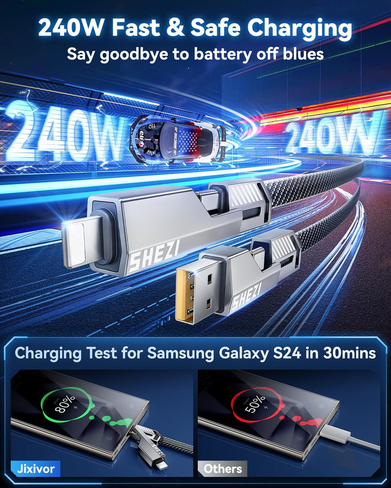 240W 4-in-1 Charging Cable Fast Charging & Data Transfer, 5FT Multi Charger Cord for All Devices, Support Apple CarPlay & Android Auto, USB C to Lightning Cable Combo for iPhone/iPad/Samsung 5FT-240W
