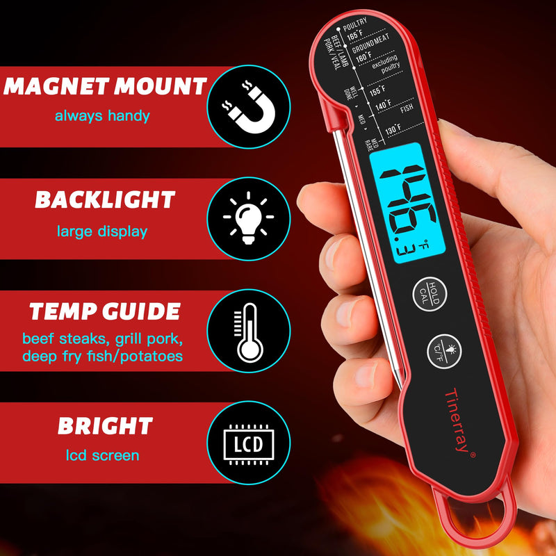  [AUSTRALIA] - Digital Meat Thermometer for Cooking – Waterproof Instant Read Food Thermometer with Backlight & Calibration, Fast Read, Folding Probe for BBQ, Grill, Candy, Deep Fry, Kitchen, Liquids, Beef（Red） Red