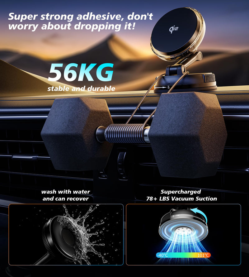for Qi2 15W MagSafe Car Mount Charger with Cooling Fan, [Rapid Charging Cooler with RGB Lights], 78+LBS Stronger Suction Wireless Magnetic Mount on Vent/ Dash/ Windshield, for iPhone 17 16 15 14 13 12 Black