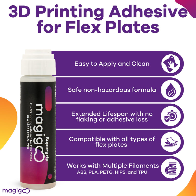 Magigoo - Supergrip 3D Printer Adhesive Glue - for Use on Flexible Plates and Polymeric Based Plates for ABS, PLA, PETG, ASA, TPU Flex Filaments - 3D Printing Accessories, Supplies, Materials (50ml)
