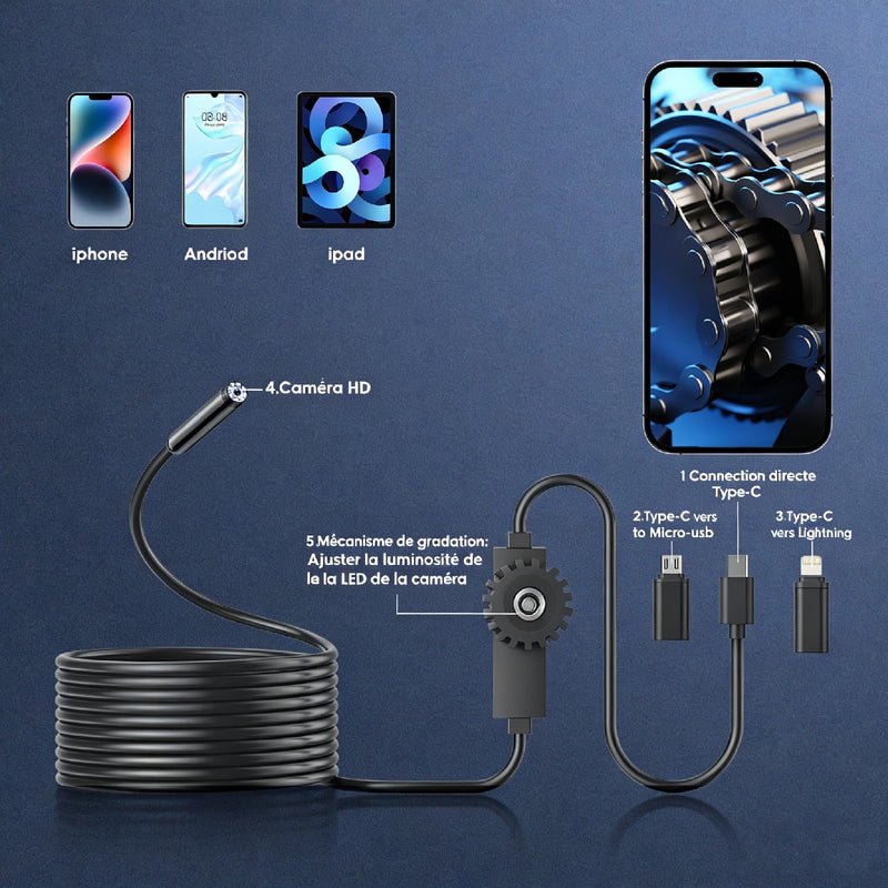 Endoscope Camera with Light, 1920P HD Borescope Camera with 8 Adjustable LED, 16.4FT Semi-Rigid Snake, IP67 Waterproof 8mm Inspection for iOS and Android (Single-Lens) Single Lens-5M