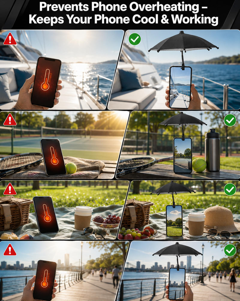 Phone Umbrella for Sun, Clip-On Phone Umbrella Mini Tanning Cellphone Sun Shade Screen UV Protection for iPhone iPad Laptop Kindle Outdoor Travel Beach Pool Gifts Accessories Vacation Essentials Black