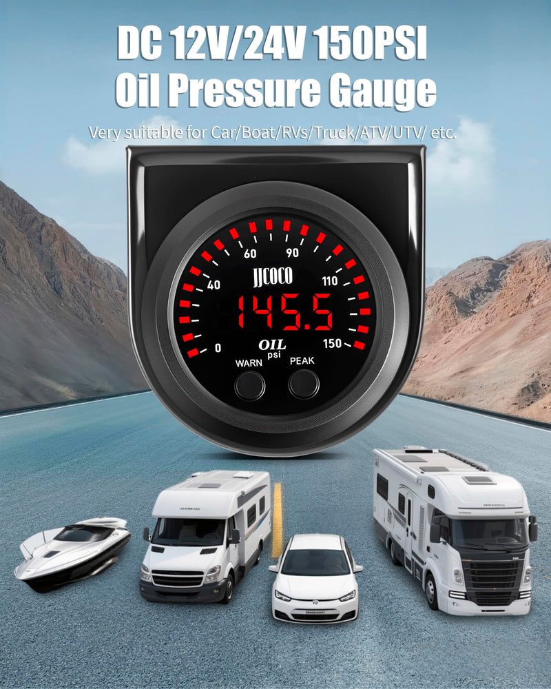 150PSI Oil Pressure Gauge Kit with 1/8NPT Electronic Sensor & Mounting Bracket 12V/24V DC Press Gauge Meter for Car Truck Vehicle Automotive 2-1/16" 52mm
