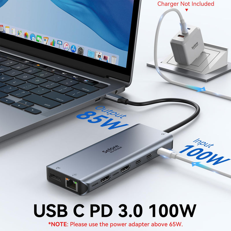 USB C Docking Station Dual Monitor, Selore 13-in-1 Triple Monitor Hub | Dual HDMI, DP, 100W PD, Gigabit Ethernet, 10Gbps USB A/C Ports -Laptop Docking Stations for Dell, HP, Lenovo, MacBook Sliver Gray Dual HDMI+DP
