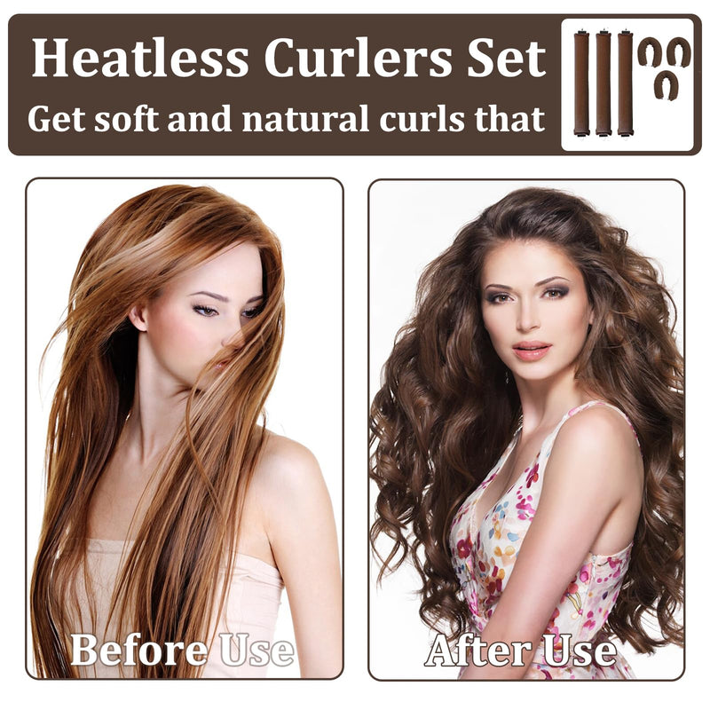 KEYRI 3 PCS Heatless Curlers Heatless Curling Rod Overnight Hair Curlers | Soft Hair Roller Rods with Hook Heatless Curling Set Overnight Curls Hair Curlers Brown