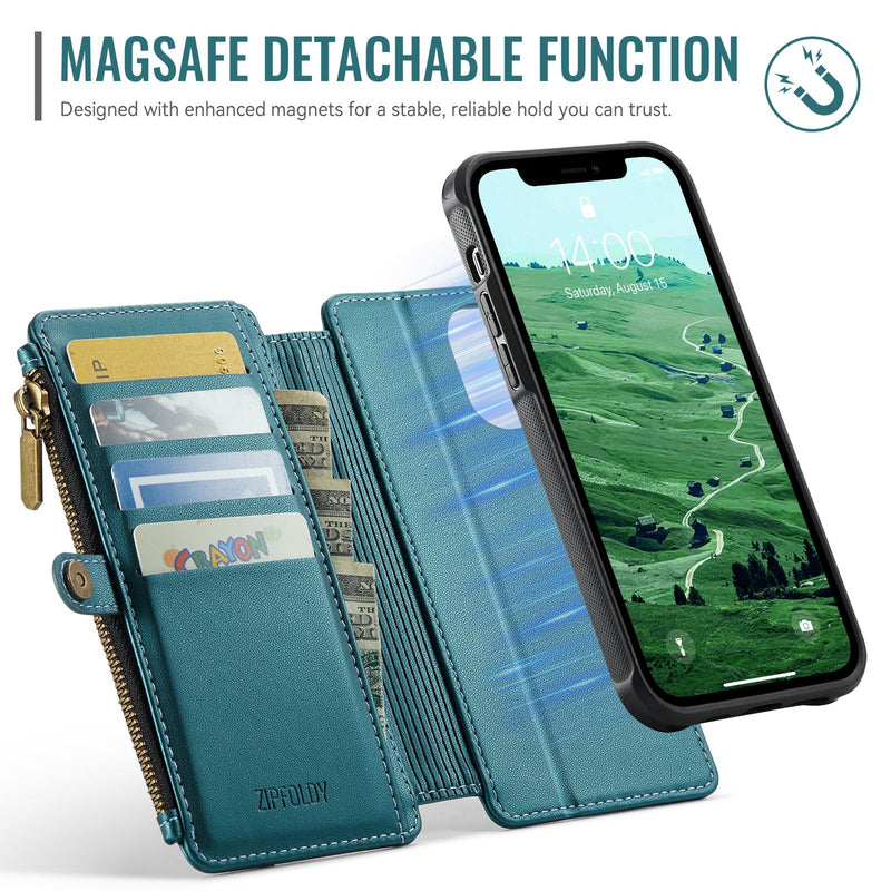 for iPhone 14 - Phone Case Wallet Magnetic Detachable, Turquoise | Compatible with Magsafe, RFID Blocking Card Holder, Zipper Pocket, Wristlet, Durable PU Leather, Magnet Flip, for Women Men