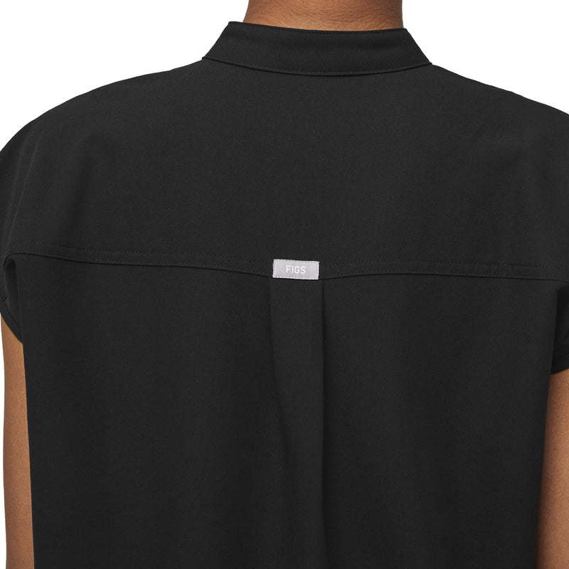 FIGS Rafaela Oversized Scrub Top for Women — Mandarin Collar, Shirttail Hem, 3 Pockets, 4-Way Stretch Small Black 3.0