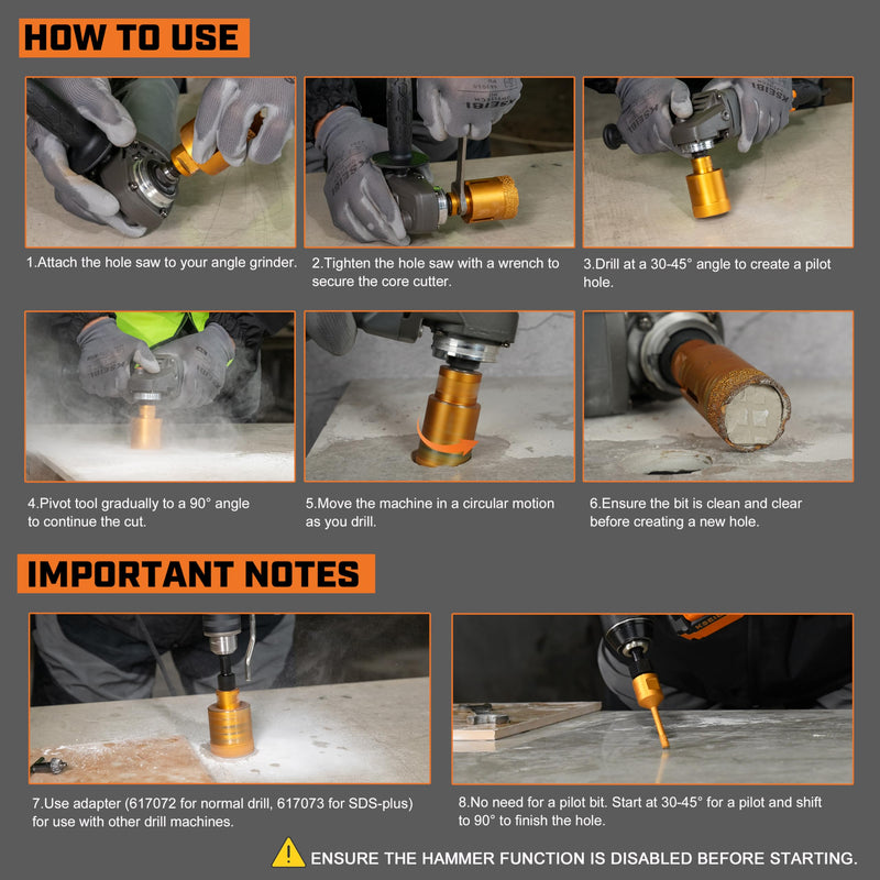 KSEIBI 615305 Diamond Hole Saw, 4-1/8 Inch (105mm) Diamond Core Drill Bit for Porcelain, Ceramic, Granite Drill Bits, Brick, Marble, Dry Cutting, 2" Drilling Depth, 5/8"-11 Thread, for Angle Grinder 4-1/8” (105MM) Vacum Brazed