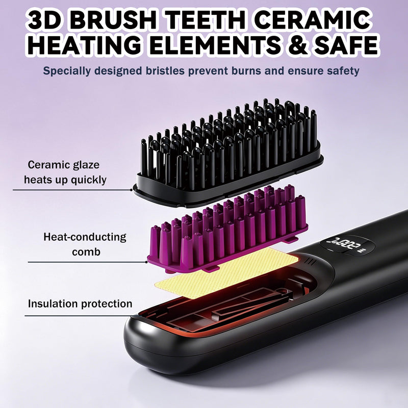 Wireless Straightening Brush, Bwaliffury Portable Brush Smoothing 2 in 1.160 °C - 200 °C, 3 Temperature Settings, LED Display, Brosse Coiffant, Ceramic Coating, for Home and Salon, Hair and Beard