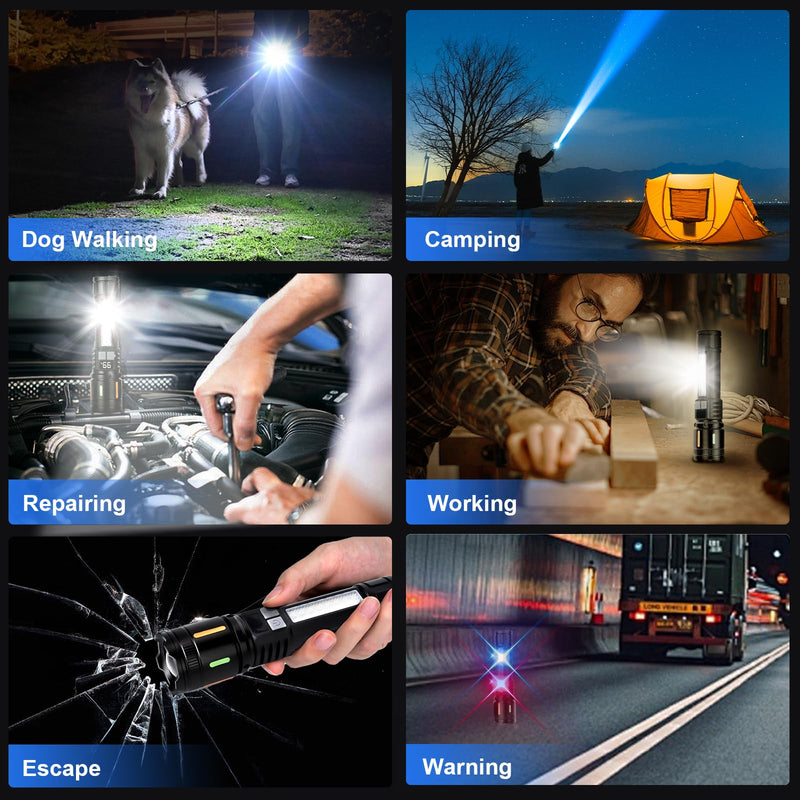 Flashlights High Lumens Rechargeable 2 Pack, Peascat 900,000L LED Tactical Flash Light, USB C Fast Charging, 5 Modes, IPX6 Waterproof, Power Display, Zoomable Handheld Flashlight for Camping Emergency M-2pc