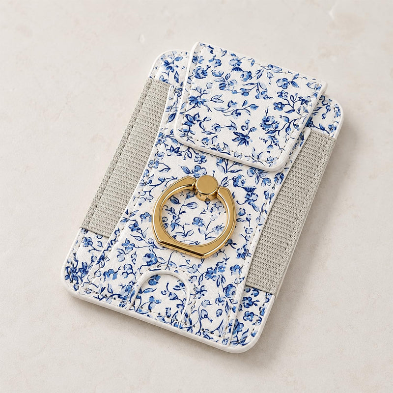 Compatible with Magsafe Ring Stand Card Holder Wallet (Blue Floral) | for iphone 17/16/15/14/13 Series for Women Men Fit 6 Cards with Privacy Flap Blue Floral