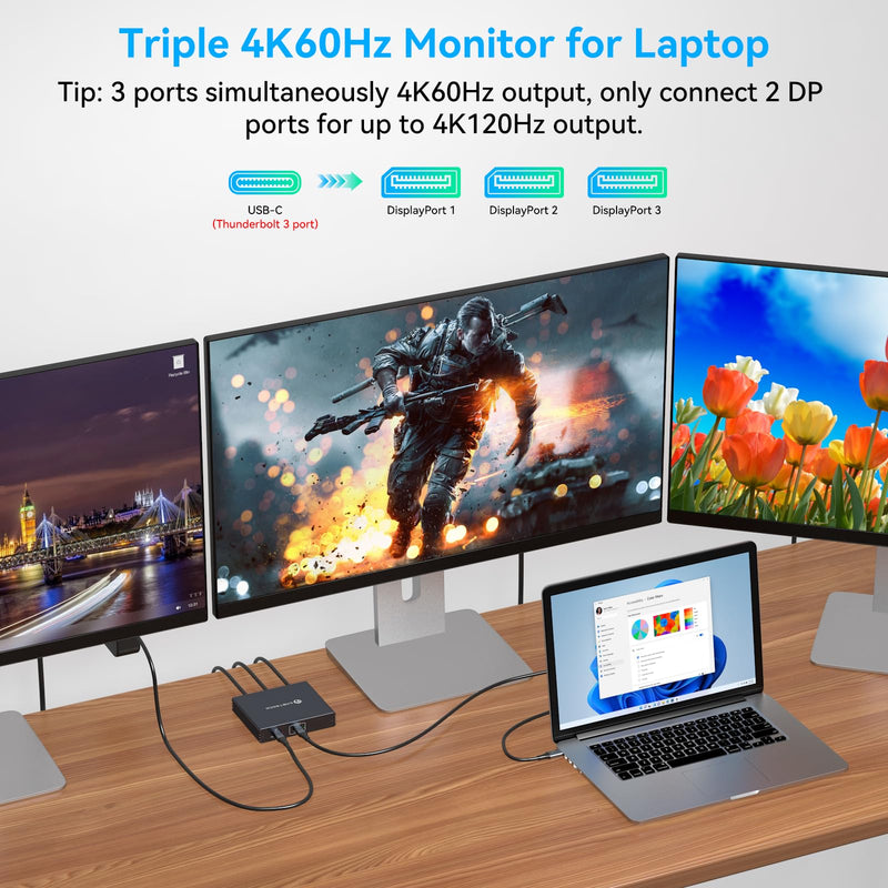 USB C to DisplayPort Splitter 4K@60Hz DisplayPort MST Hub for Triple Monitors with 100W PD Supports Extended Mirror Mode (Mac OS Only Mirror) Compatible with Thunderbolt 3/4/5 Laptops Windows USB-C IN