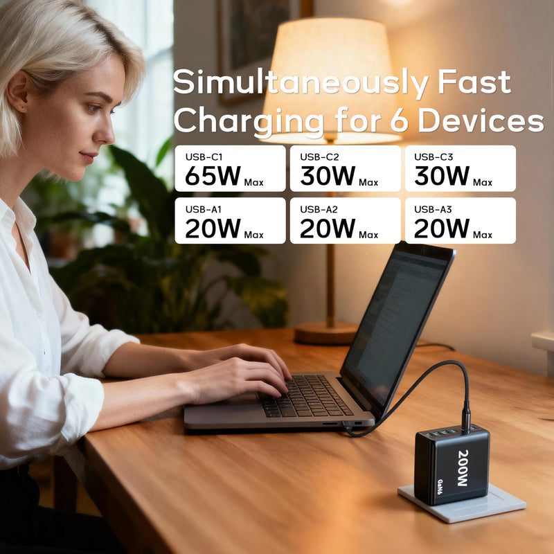 2 Pack USB C Charger Block, 200W GaN Super Fast Charger Type C Fast Charging 6 Port Foldable PD Charging Station for All Phone/Android Samsung Galaxy S25/S24/MacBook iPad Black