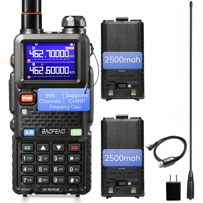 [Chirp Compatible] BAOFENG UV-5G Plus GMRS Handheld Radio, Long Rang Two Way Radio for Adult, 999 Channels, NOAA Receiver, with Two 2500mAh Batteries, 15.5" Antennas, Programming Cable, 1 Pack