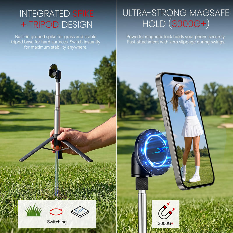 Golf Monopod Stick, Integrated Design Magnetic Tripod Selfie, Phone Holder | All-In-One Design, Ultra-Strong Magnetic Hold (3000g+), Smaller, Lighter, 360° Rotating Head, Adjustable Height