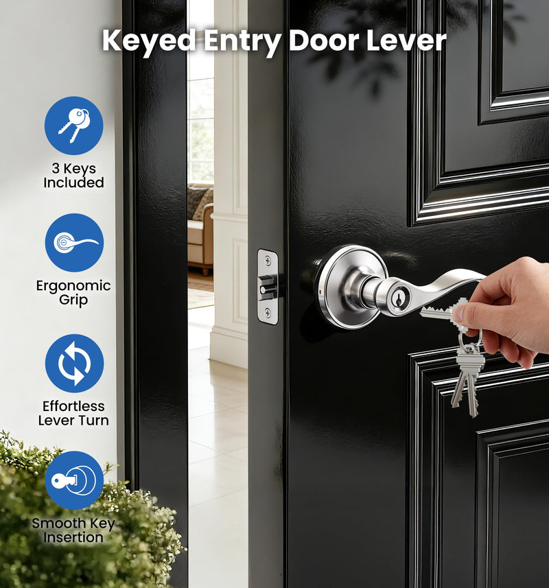 Veise Keyed Entry Door Lever, Wave Handle Lock for Exterior & Interior Door, Door Knobs with Lock and Key, Rust-Proof Bedroom Door Lock, Zinc Alloy Right Left Handed, Satin Nickel 1