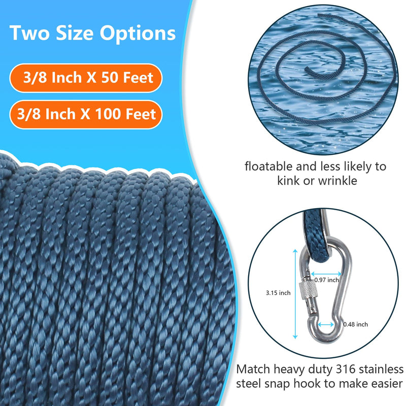 3/8 Inch 50 FT Anchor Rope, Boat Anchor Rope Solid Braid MFP, Anchor Line with 316 Stainless Steel Thimble and Snap Hook - Navy Blue 3/8inx50ft