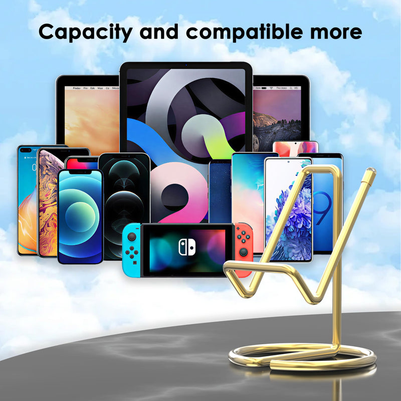Metal Cell Phone Stand for Desk, Cute One-Piece Phone Holder, Stable Desktop Display Dock for iPhone, iPad, Samsung, Tablets & All Mobile Phones, Gold